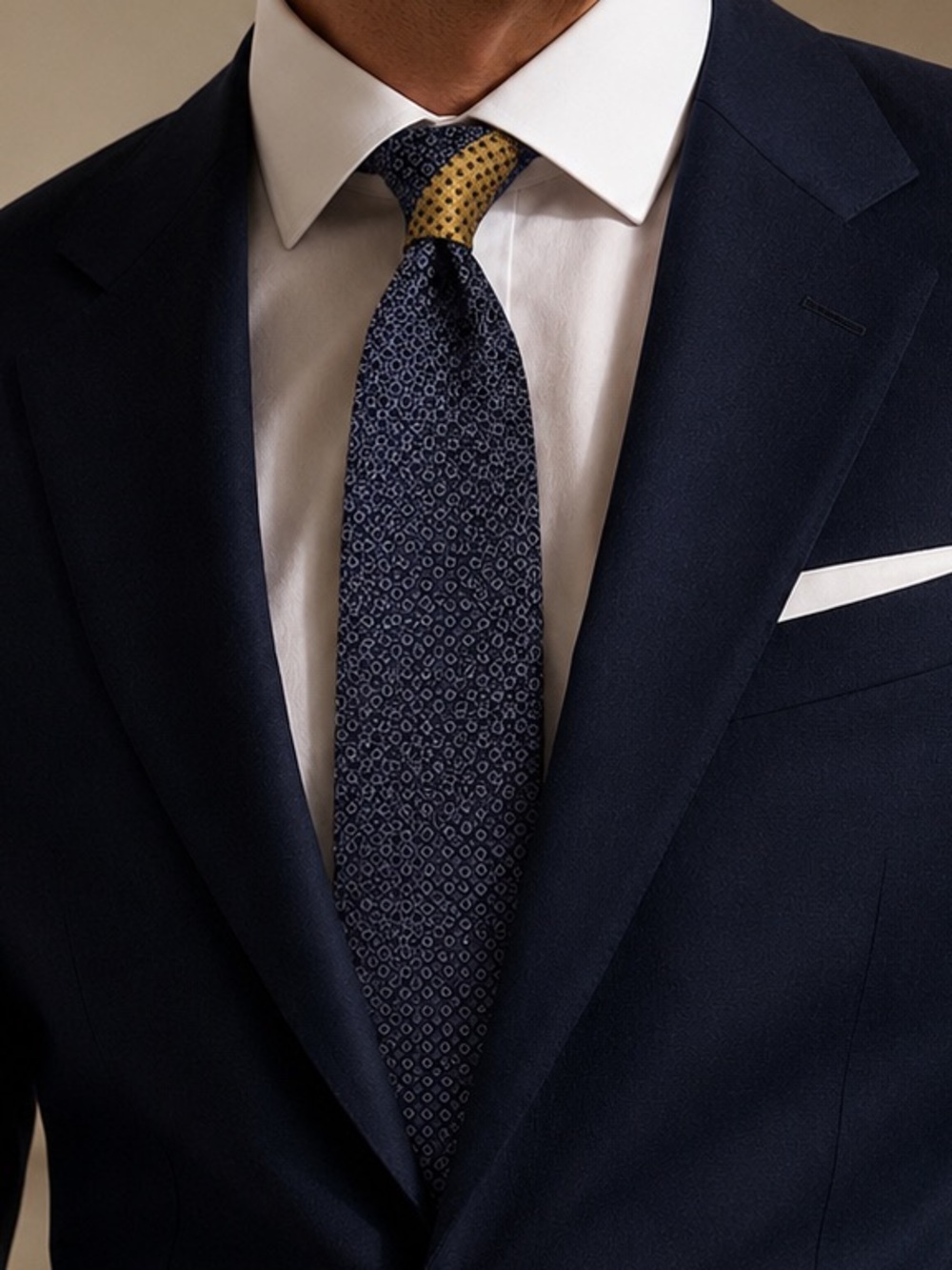 Tommy Hilfiger Navy Patterned Silk Tie with Subtle Yellow Accent